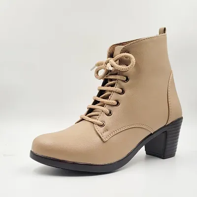 Stylish Beige Synthetic Leather Solid Flat Boots For Women