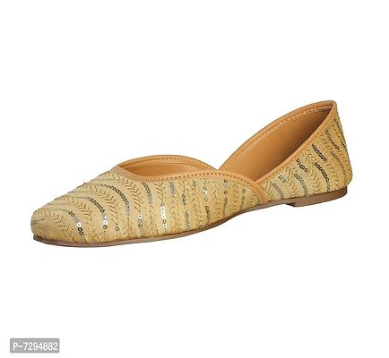 Fabulous Golden Faux Leather Embroidered With Hand Work Ethnic Punjabi Jutis For Women-thumb0