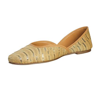 Fabulous Golden Faux Leather Embroidered With Hand Work Ethnic Punjabi Jutis For Women
