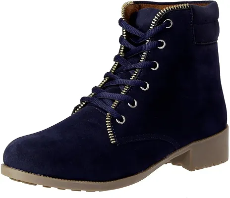 Stylish Blue Synthetic Leather Solid Flat Boots For Women
