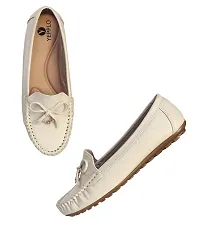 Elegant Off White Synthetic Leather Self Design Loafers For Women-thumb2