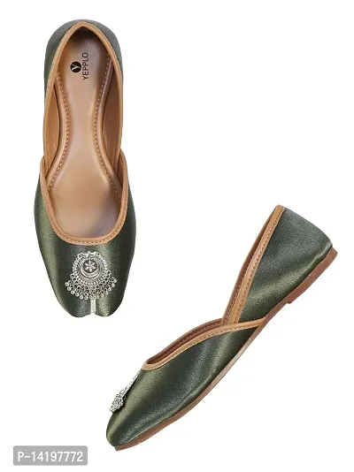 Stylish Olive Synthetic Leather Embellished Mojaris For Women-thumb2