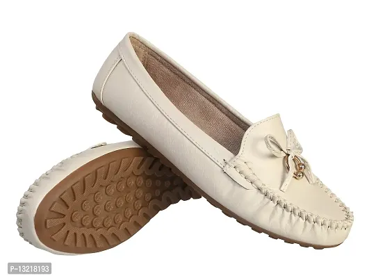 Elegant Off White Synthetic Leather Self Design Loafers For Women-thumb2