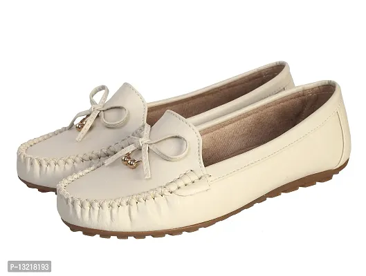 Elegant Off White Synthetic Leather Self Design Loafers For Women-thumb5