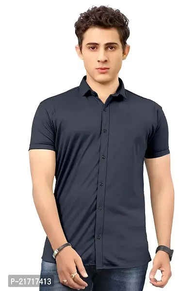 THE COLLAR FITT Men's Stylish Lycra Plain Solid Reguler Fir Half Sleeve Spread Collar Casual Shirt (S, Dark Blue)