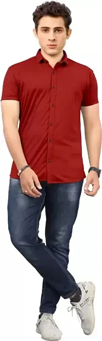 THE COLLAR FITT Men's Stylish Lycra Plain Solid Reguler Fir Half Sleeve Spread Collar Casual Shirt (XL, Maroon)-thumb2