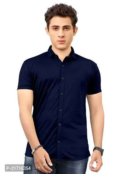 THE COLLAR FITT Men's Stylish Lycra Plain Solid Reguler Fir Half Sleeve Spread Collar Casual Shirt (S, Blue)