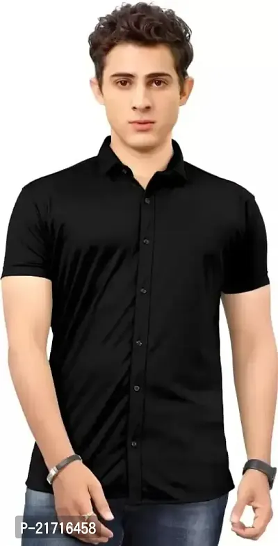 THE COLLAR FITT Men's Stylish Lycra Plain Solid Reguler Fir Half Sleeve Spread Collar Casual Shirt (XXL, Black)