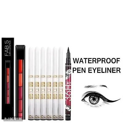 5 In 1 Lipstic And ADS White Kajal Pack Of 6 With 36 H Eyeliner Combo-thumb0