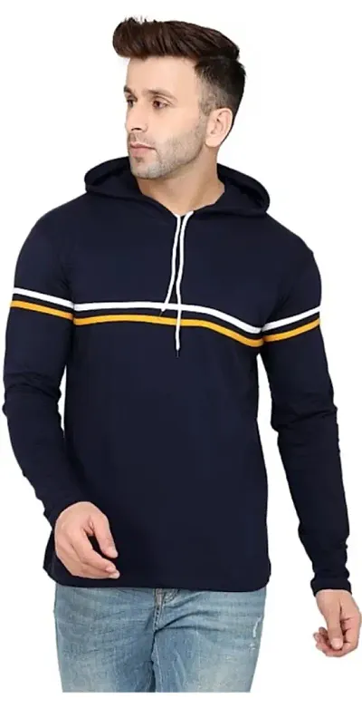 BS Fashion Men Striped Hooded Neck T-Shirt (Small, Blue)