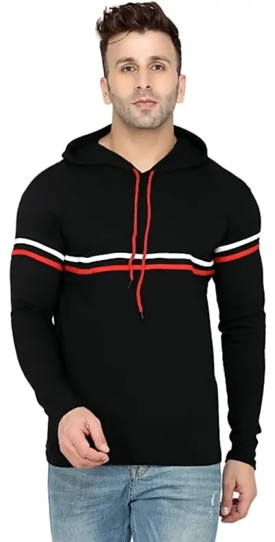 BS Fashion Men Striped Hooded Neck T-Shirt (X-Large, Black)