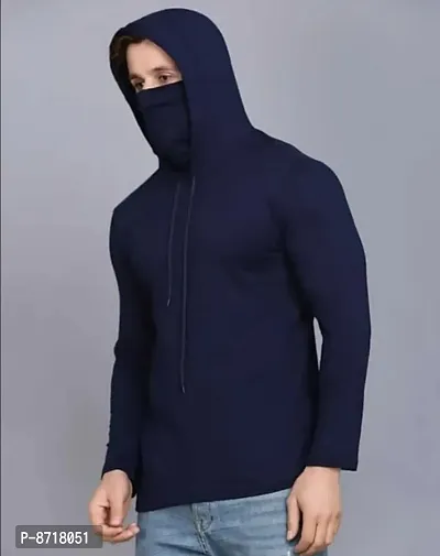 Navy Blue Cotton Blend Hoodies For Men