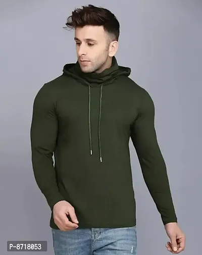 Olive Cotton Blend Hoodies For Men-thumb0
