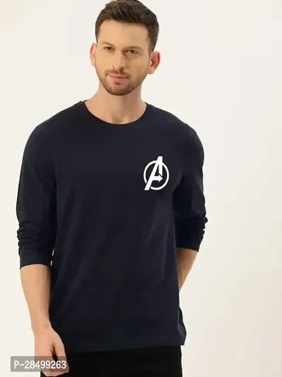 Classic Navy Blue Cotton Blend Printed Round Neck Full Sleeves Tees For Men