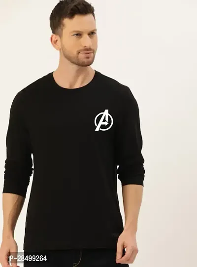 Classic Black Cotton Blend Printed Round Neck Full Sleeves Tees For Men