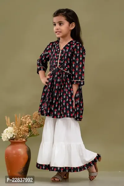 Alluring Black Cotton Printed Kurta, Sharara Set For Girls-thumb3