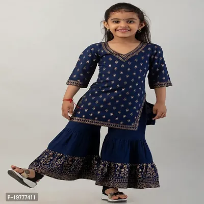 Trendy Rayon Kids Printed Kurta Sharara Set - Blue