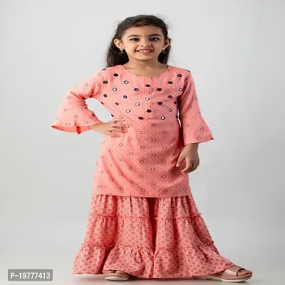 Trendy Rayon Kids Printed  Mirror Work Kurta Sharara Set - Pink