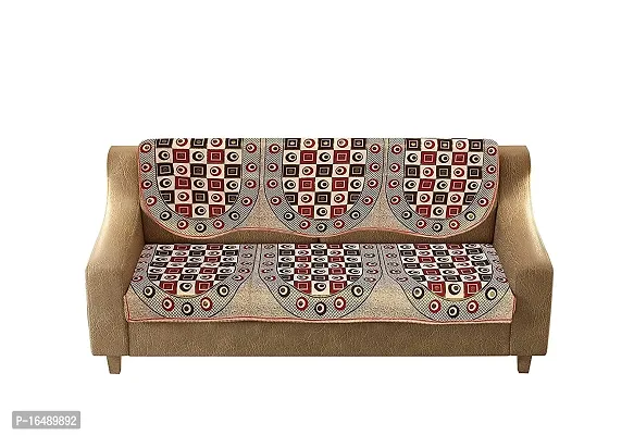 MONINFINITY Polyester Fabric Block Design 3 Seater Sofa Cover Set(Brown-Red)-thumb0