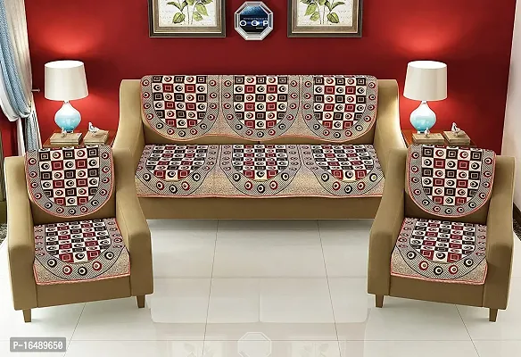 MONINFINITY Polyester Fabric Block Design 5 Seater Sofa Cover Set-6(Brown-Red)-thumb3