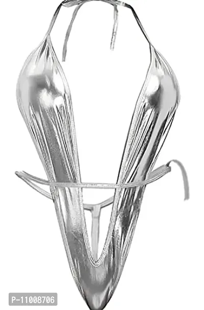 jaanshi Women's Shiny Metallic Halter Neck Sexy Nightwear Slingshot Lingerie (Silver)-thumb0