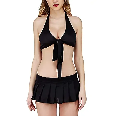 Jaanshi Women's Lycra/Spandex Stretch Tie Front Top and Micro Mini Pleated Skirt/Babydoll Set Black