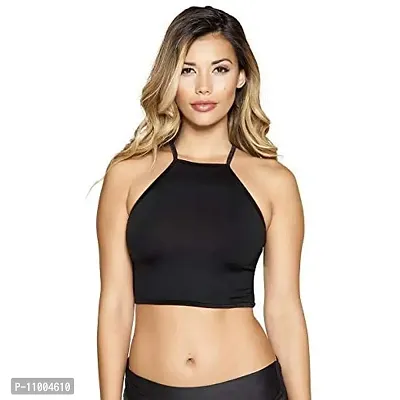 Jaanshi Women's Halter Neck Crop Top with Strappy Back Caged Top Black Crop Top for Women Halter Neck Top (M)-thumb0