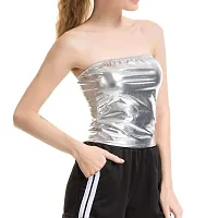 Jaanshi Women Sexy Shiny Metallic Strapless Clubwear Bandeau Vest Tank Crop Tube Tops (36, Silver)-thumb1