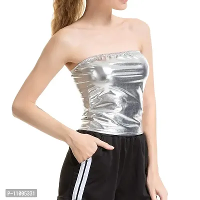 Jaanshi Women Sexy Shiny Metallic Strapless Clubwear Bandeau Vest Tank Crop Tube Tops (36, Silver)-thumb2