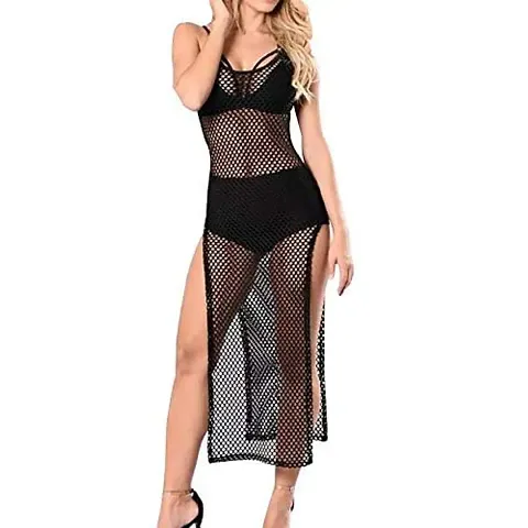 Jaanshi Women's Sexy Sheer Cover Up Side Split Dress Babydoll Net Baby Doll Dress See Through Dress Honeymoon Beachwear See Through Dress for Woman Beach Dress (XL)