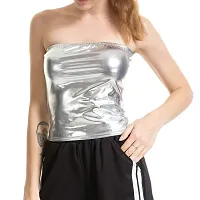 Jaanshi Women Sexy Shiny Metallic Strapless Clubwear Bandeau Vest Tank Crop Tube Tops (36, Silver)-thumb3