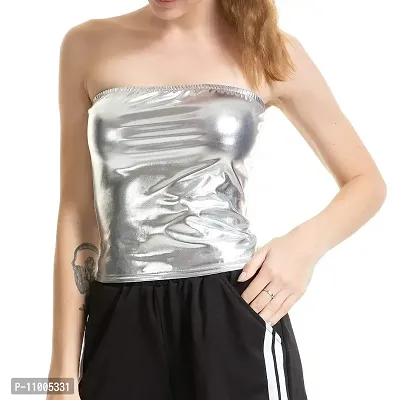 Jaanshi Women Sexy Shiny Metallic Strapless Clubwear Bandeau Vest Tank Crop Tube Tops (36, Silver)-thumb4