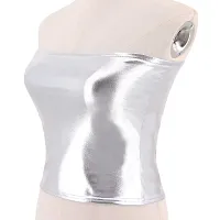 Jaanshi Women Sexy Shiny Metallic Strapless Clubwear Bandeau Vest Tank Crop Tube Tops (36, Silver)-thumb4