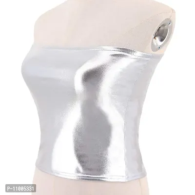 Jaanshi Women Sexy Shiny Metallic Strapless Clubwear Bandeau Vest Tank Crop Tube Tops (36, Silver)-thumb5