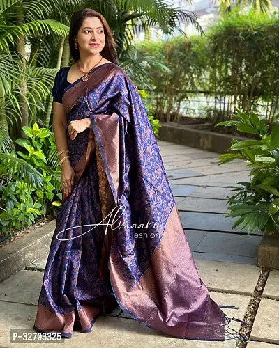 Beautiful Art Silk Blue Jacquard  Saree with Blouse piece For Women