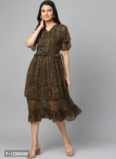 Women Black  Olive Brown Floral Print Tiered Wrap Dress-thumb0