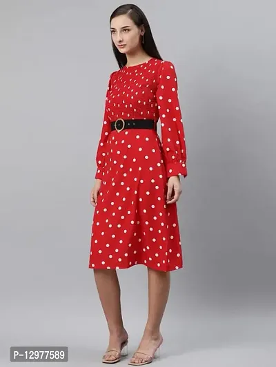 Women Red  White Polka Dot Print Fit  Flare Dress with Smocked Detail-thumb0