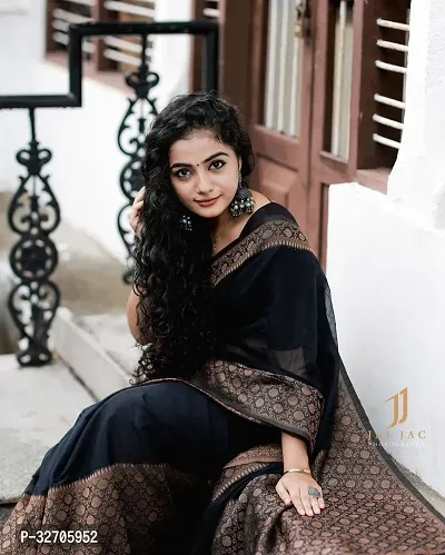 Beautiful Art Silk Black Jacquard  Saree with Blouse piece For Women