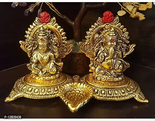 Beautiful Lakshmi Ganesha Idols Statue for Worship, Blessings, Prosperity, Serenity & Peace. Prepared in Antique Gold Color from Metal for Deepawali, Diwali Puja & Home D?cor Pack of 1-thumb2