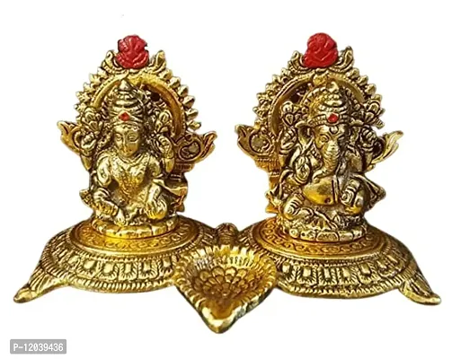 Beautiful Lakshmi Ganesha Idols Statue for Worship, Blessings, Prosperity, Serenity & Peace. Prepared in Antique Gold Color from Metal for Deepawali, Diwali Puja & Home D?cor Pack of 1