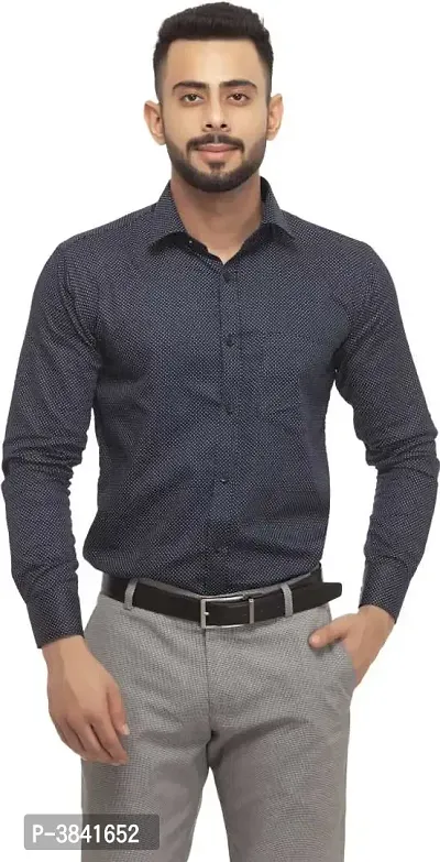 Navy Blue Cotton Printed Regular Fit Casual Shirt