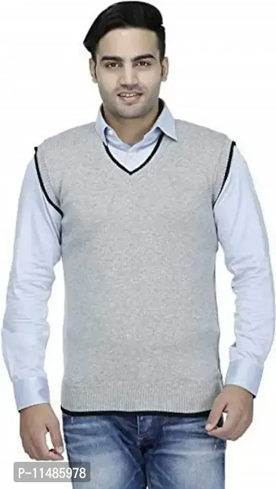 CYCUTA Men's Regular fit Wool Winter wear Sleeveless v-Neck Sweater Attractive color's Available Size:-M-38,L-40,XL-42 (M, Light Grey)-thumb0