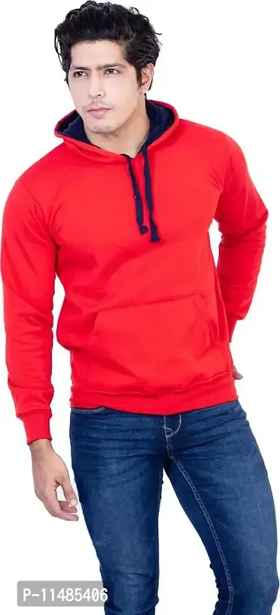 CYCUTA Men's Plain Full Sleeves Regular Fit Polycotton Fleece Round Neck Hooded Sweatshirt for Winter Wear (Multicolor and Size M=38,L=40,XL=42) (Red, L)-thumb0