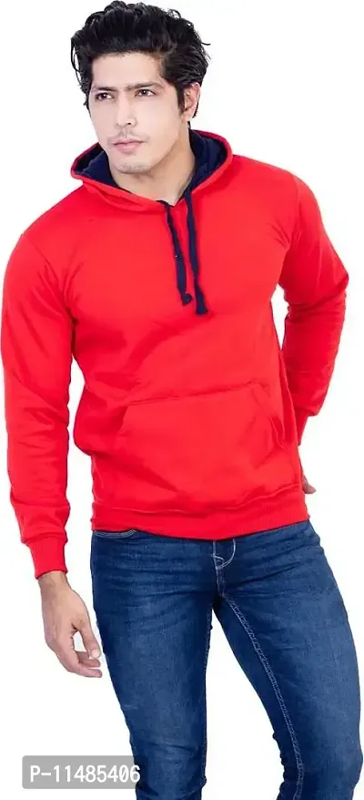 CYCUTA Men's Plain Full Sleeves Regular Fit Polycotton Fleece Round Neck Hooded Sweatshirt for Winter Wear (Multicolor and Size M=38,L=40,XL=42) (Red, L)