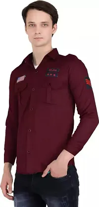 CYCUTA Men's Regular Fit Full Sleeve Cotton Double Pocket Casual Wear Attractive Color's Shirt Multicolor (L, Maroon)-thumb1