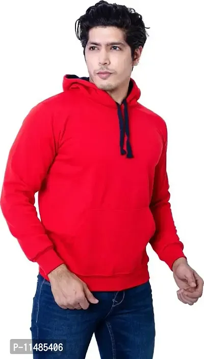 CYCUTA Men's Plain Full Sleeves Regular Fit Polycotton Fleece Round Neck Hooded Sweatshirt for Winter Wear (Multicolor and Size M=38,L=40,XL=42) (Red, L)-thumb2