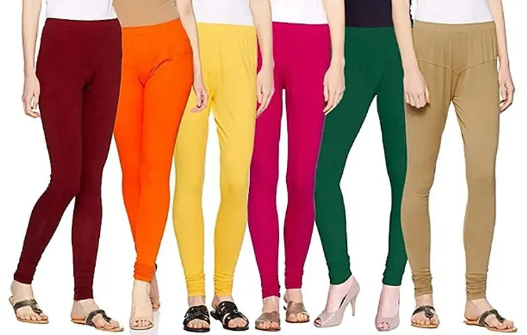 Stylish Cotton Solid Leggings For Women - Pack Of 6