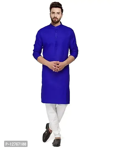 Men's Regular Fitr Full Long/Sleeve Cotton Knee Length Kurta With White Pajama-thumb0