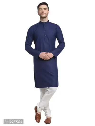 Men's Regular Fit Full Sleeve Cotton Knee Length Kurta With White Churidar Pajama-thumb0