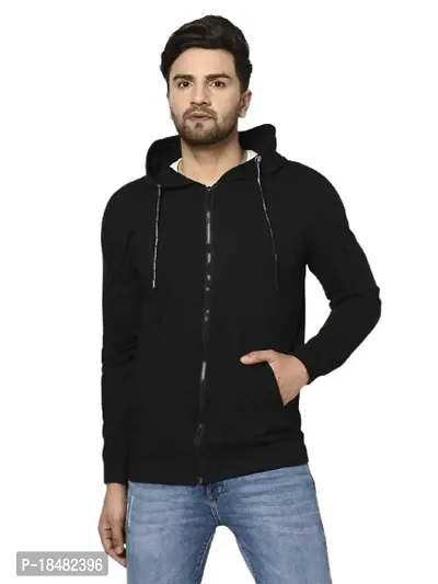 Men's Regular Fit Full Sleeve Winter Wear Hooded Neck Zipper Sweatshirt (Black)-thumb0